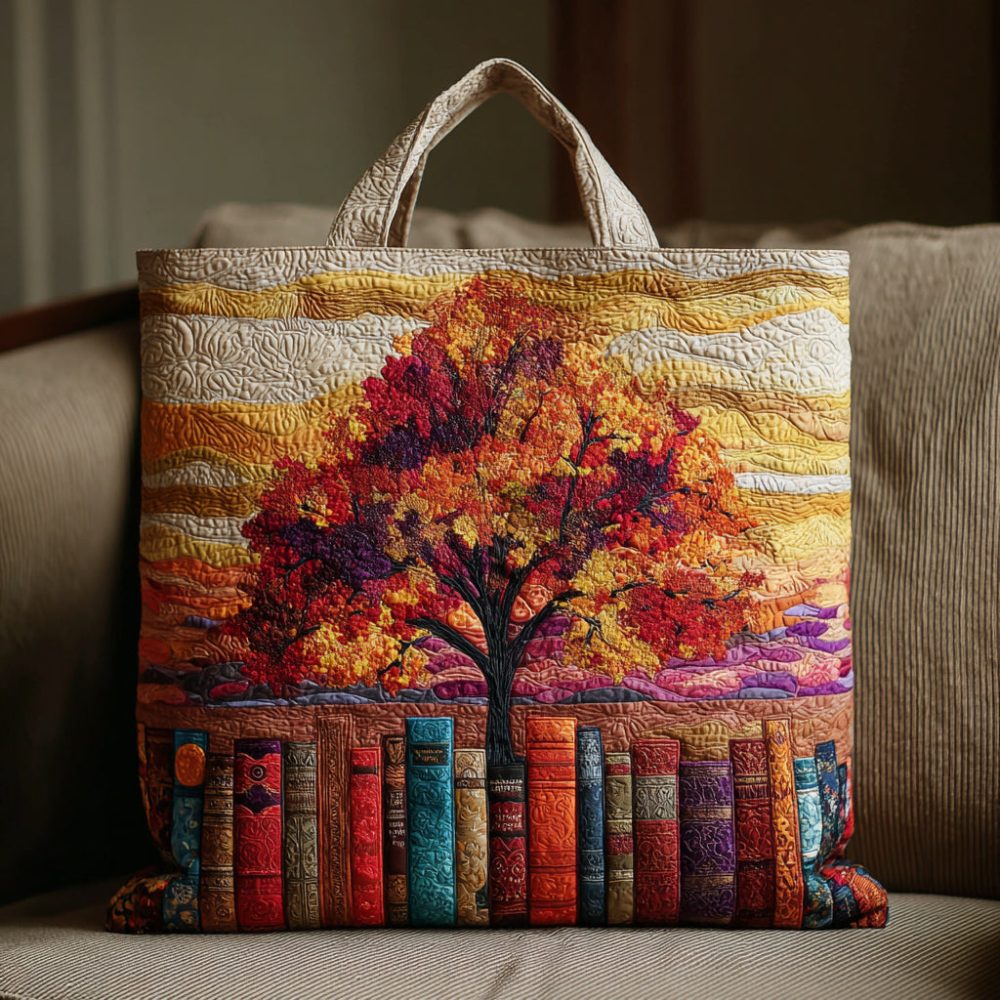 Autumn Book Tree Quilted Tote Bag