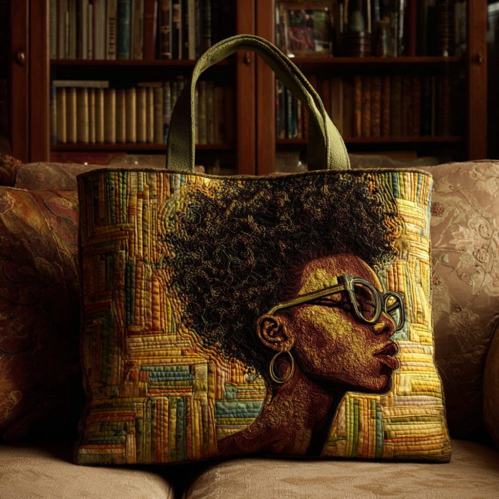 Black Woman Reader Quilted Tote Bag