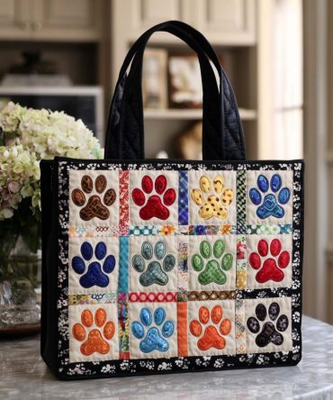 Bloomy Paw Steps Quilted Tote Bag