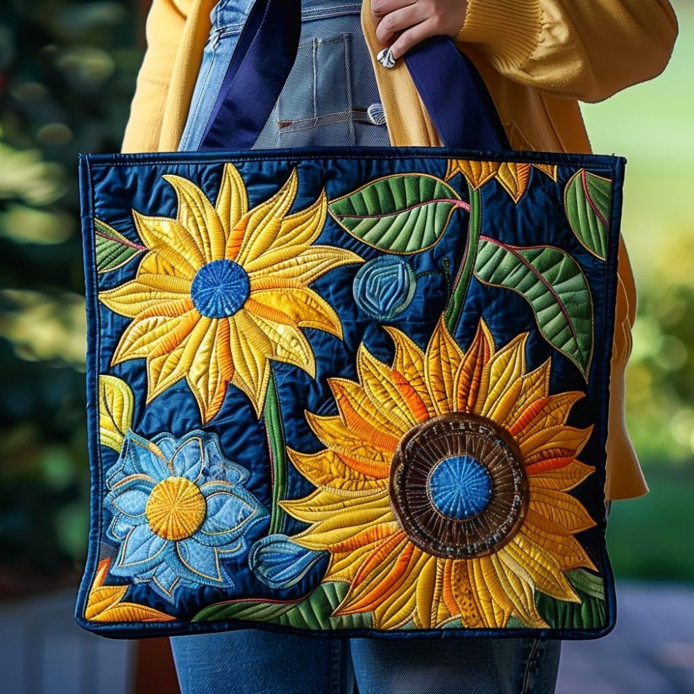 Blue Sunflowers Quilted Tote Bag