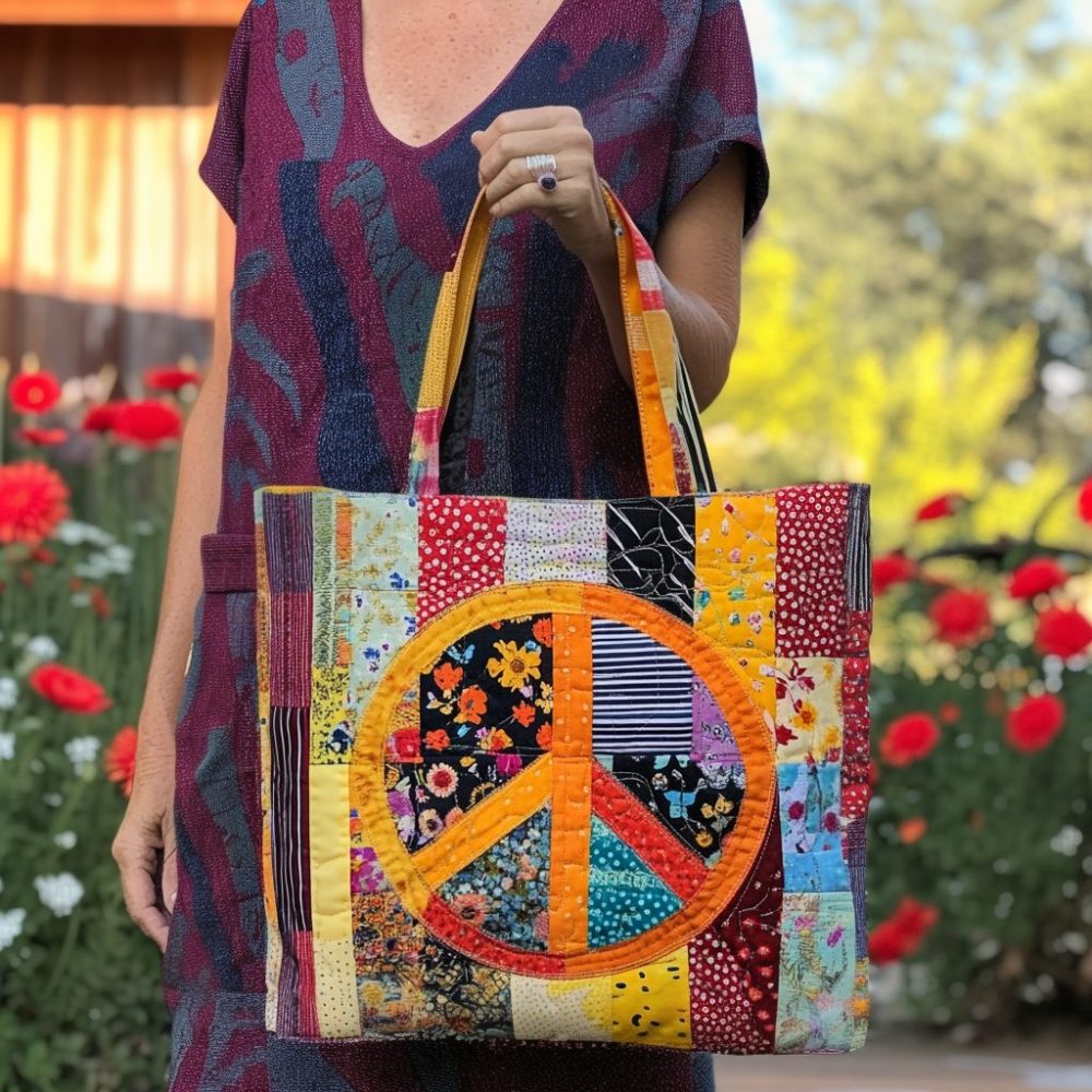 Boho Peace Bloom Quilted Tote Bag