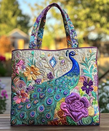 Bold Peacock Quilted Tote Bag