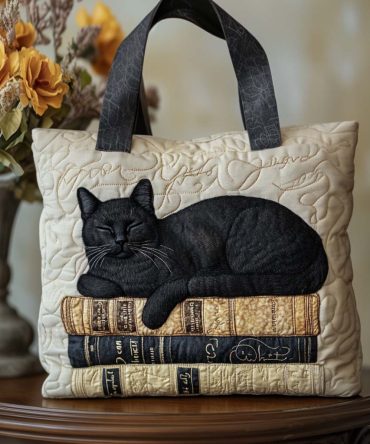Book Cat Quilted Tote Bag