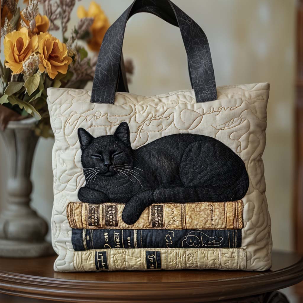 Book Cat Quilted Tote Bag
