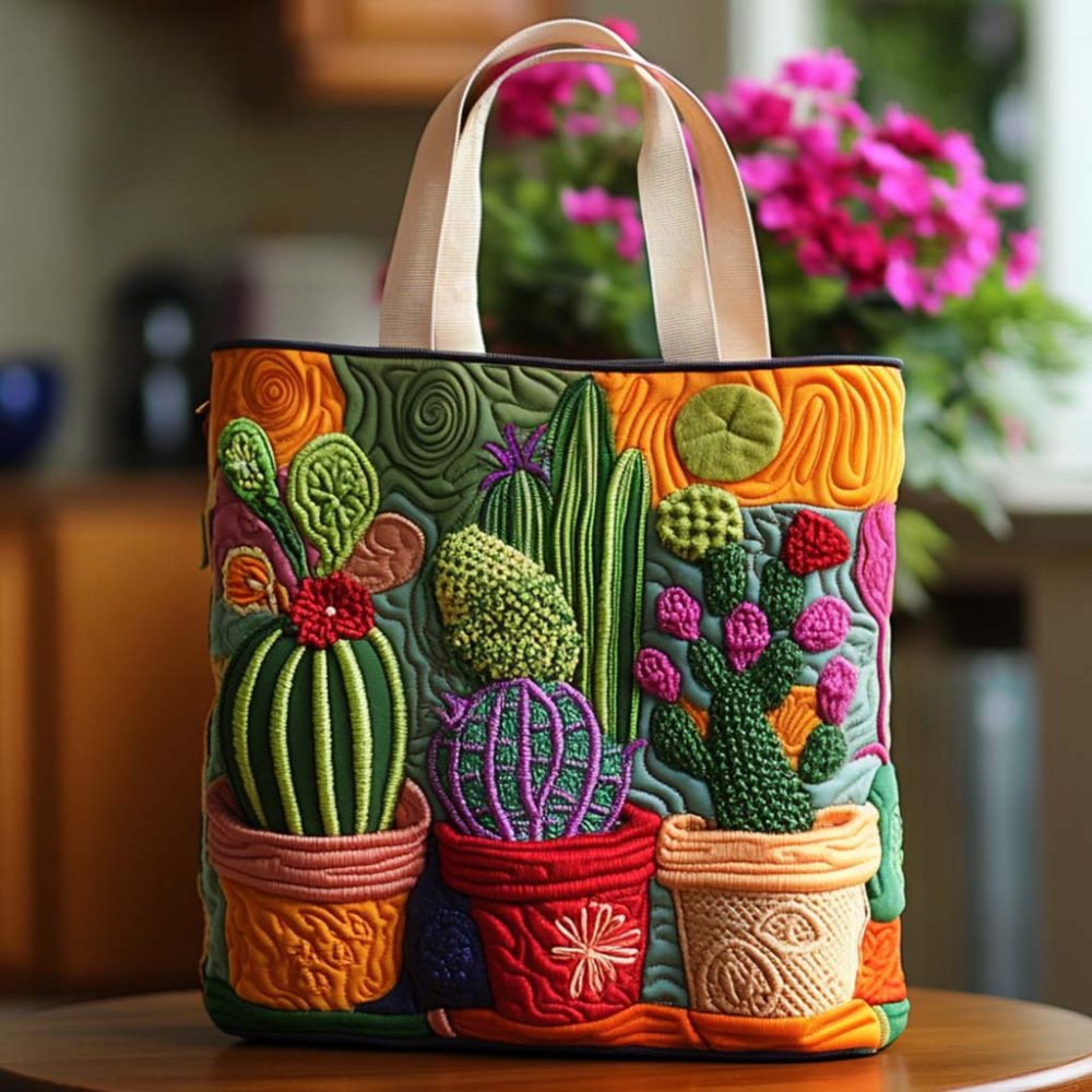 Cactus Moonlight Quilted Tote Bag