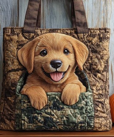 Camo Pup Joy Quilted Tote Bag