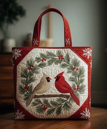 Cardinal Wreath Quilted Tote Bag