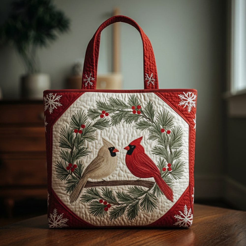 Cardinal Wreath Quilted Tote Bag