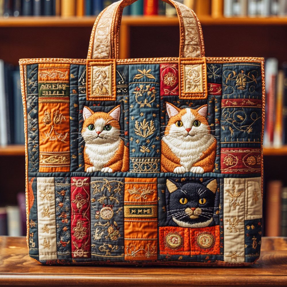 Cat Shelf Stories Quilted Tote Bag
