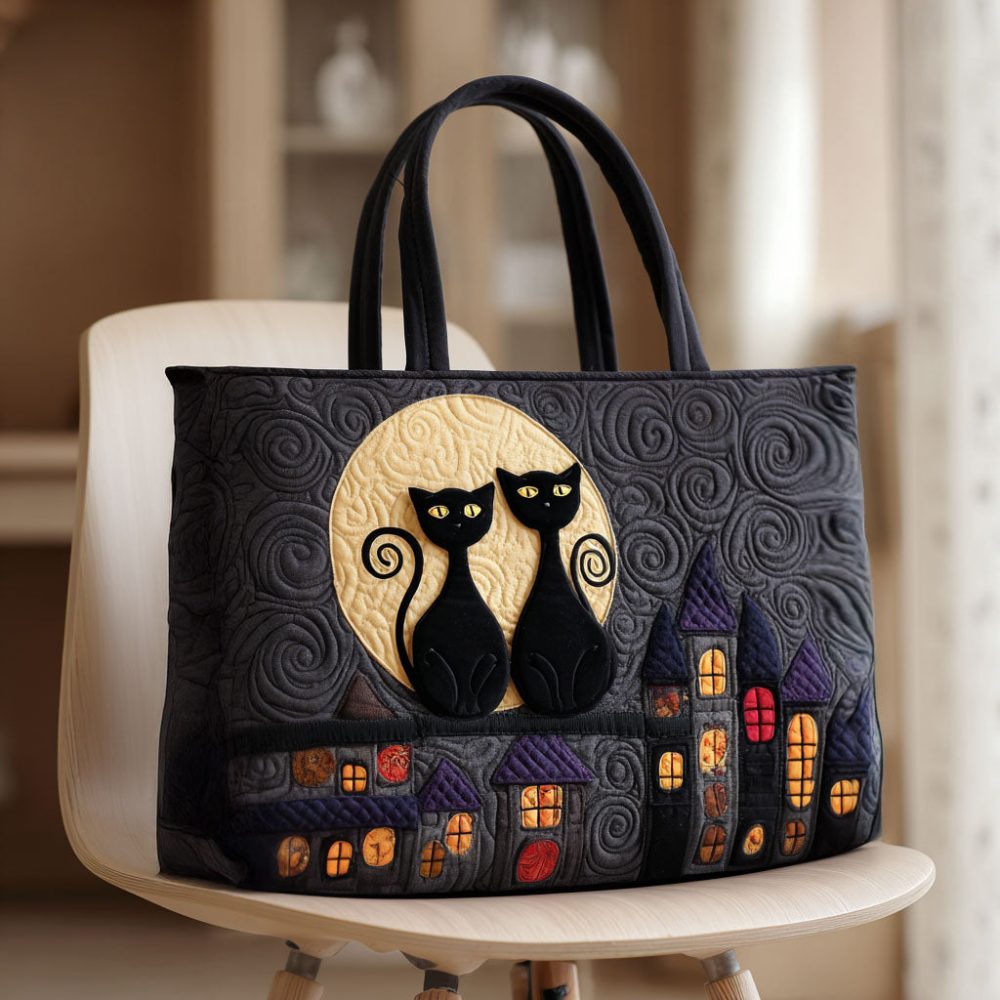Cat In The Moonlight Quilted Tote Bag