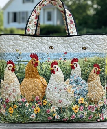 Chicken Meadow Quilted Tote Bag