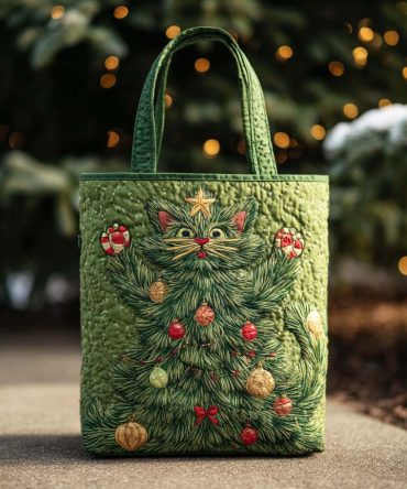 Christmas Cat Quilted Tote Bag