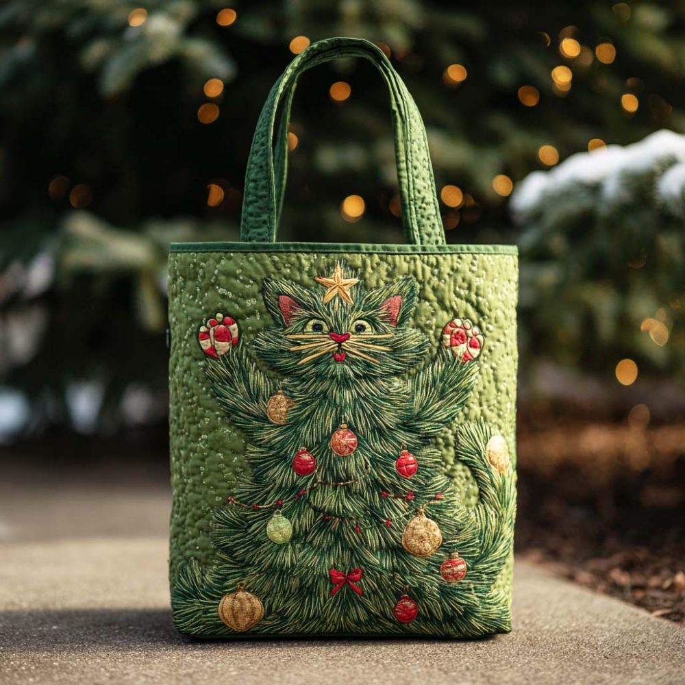 Christmas Cat Quilted Tote Bag