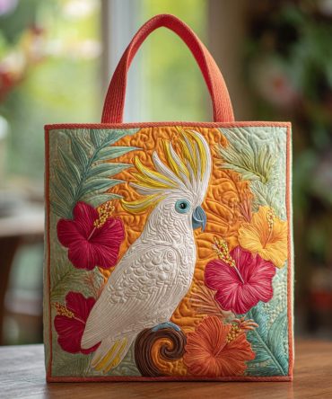 Cockatoo Hibiscus Flowers Quilted Tote Bag