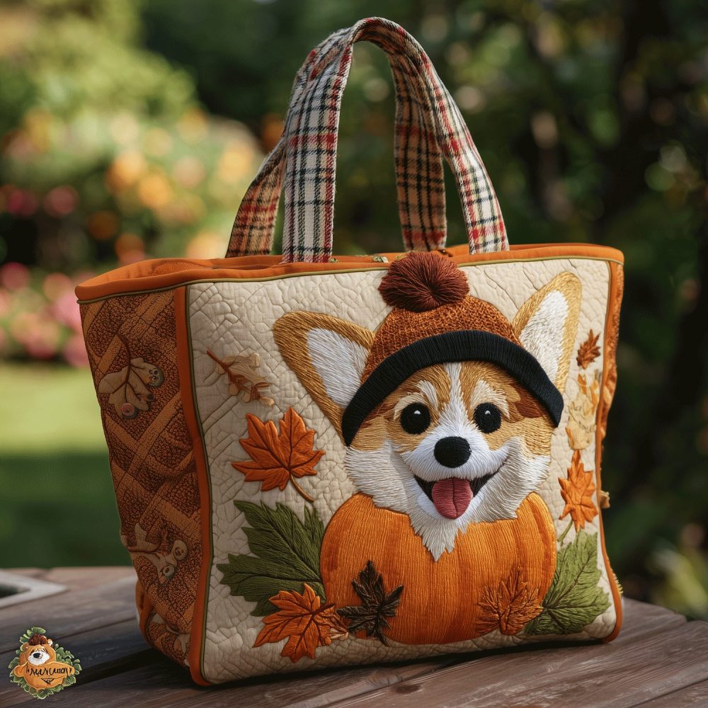 Corgi Fall Vibes Quilted Tote Bag