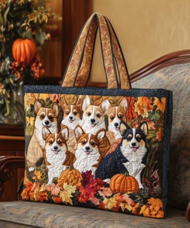 Corgi Fall Walk Quilted Tote Bag