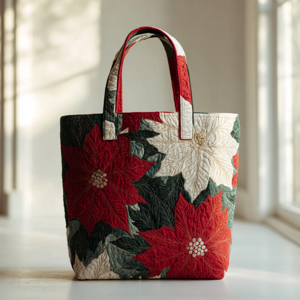 Crimson Poinsettia Quilted Tote Bag