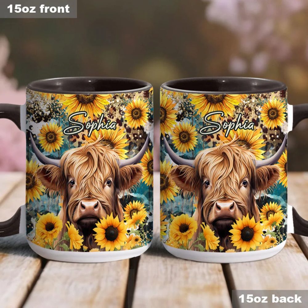 Highland Cow Among Sunflowers - Personalized Accent Mug - Image 3