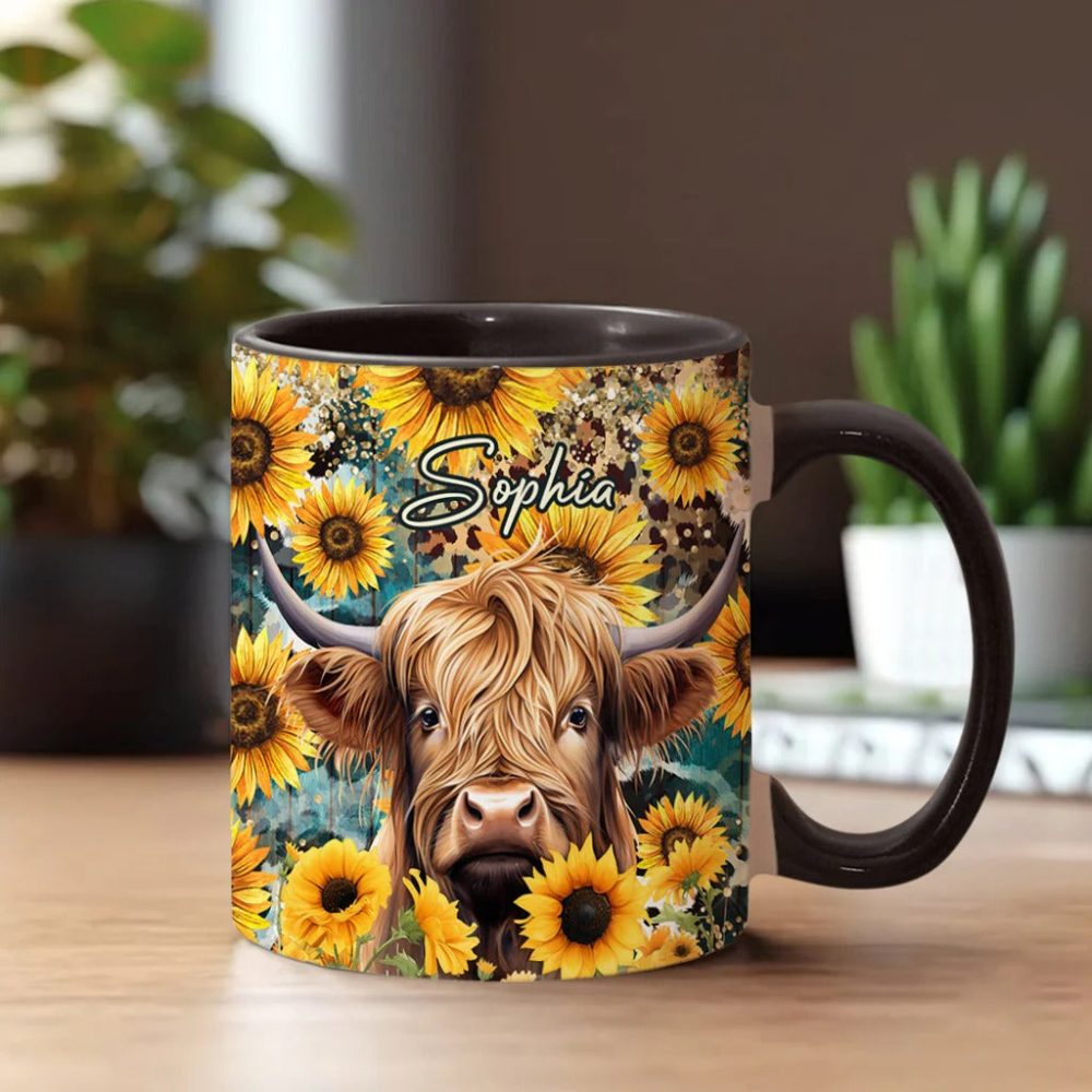 Highland Cow Among Sunflowers - Personalized Accent Mug - Image 5