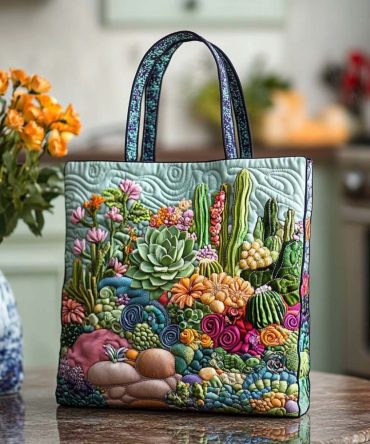 Desert Cactus Bloom Quilted Tote Bag