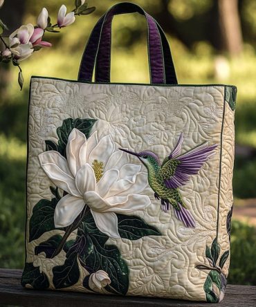 Feathered Blossom Quilted Tote Bag