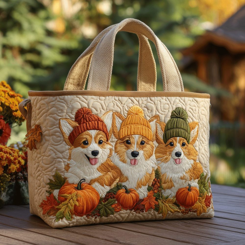 Festive Corgi Friends Quilted Tote Bag