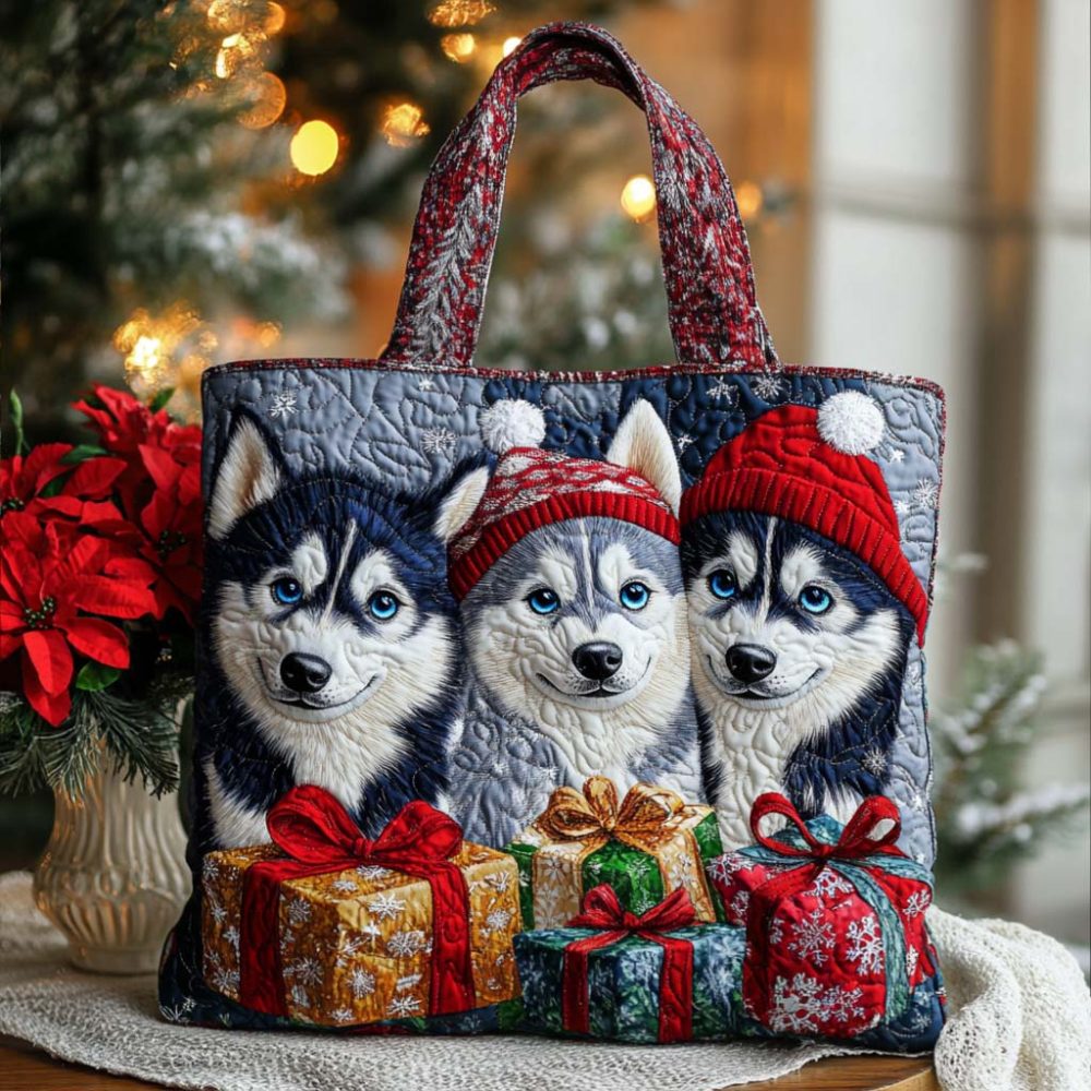 Festive Huskies Quilted Tote Bag