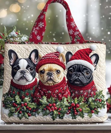 Festive Paris Pup Quilted Tote Bag
