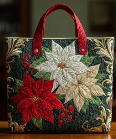 Festive Poinsettia Quilted Tote Bag