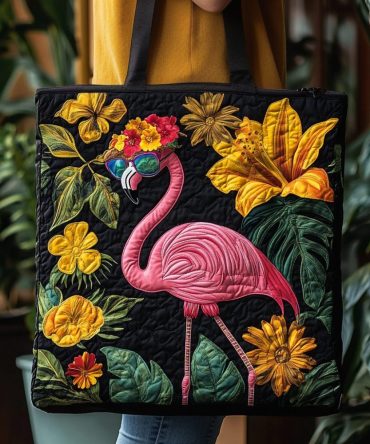 Flamingo Flower Fusion Quilted Tote Bag