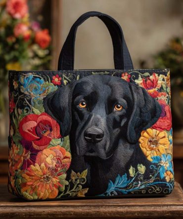 Floral Black Lab Quilted Tote Bag