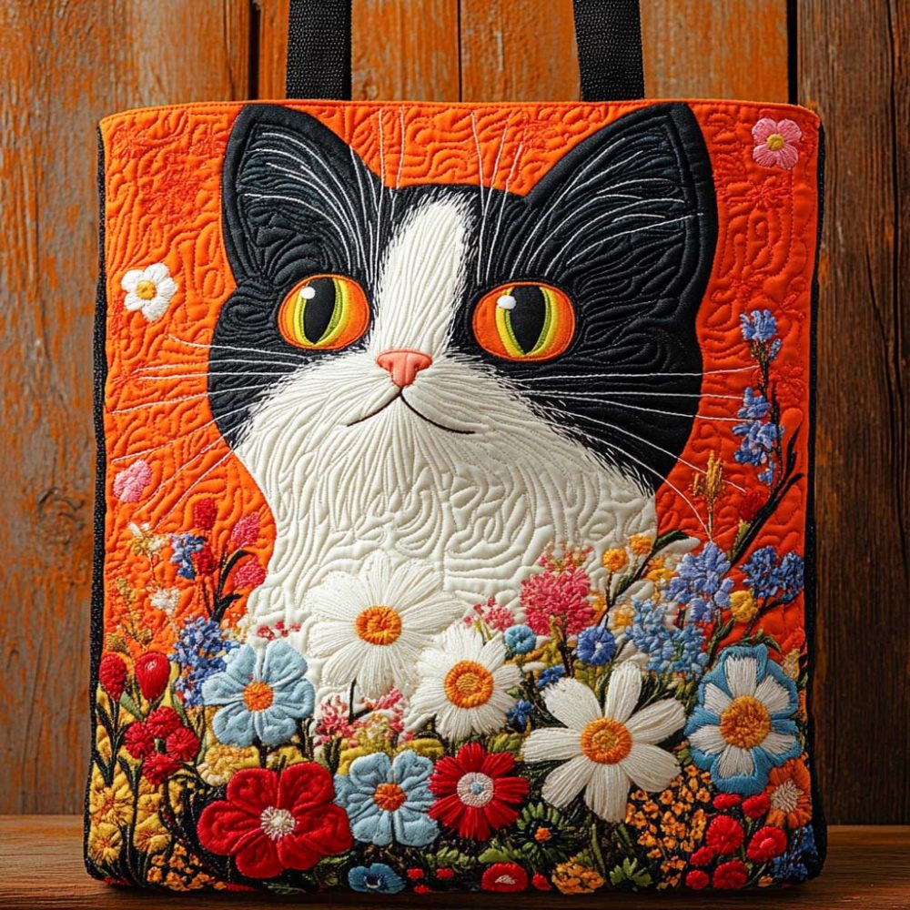 Floral Muse Cat Quilted Tote Bag