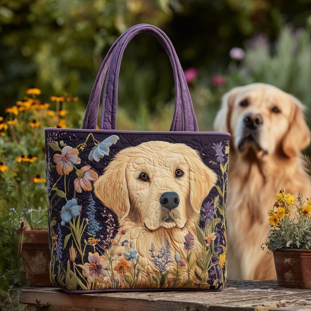 Floral Retriever Love Quilted Tote Bag