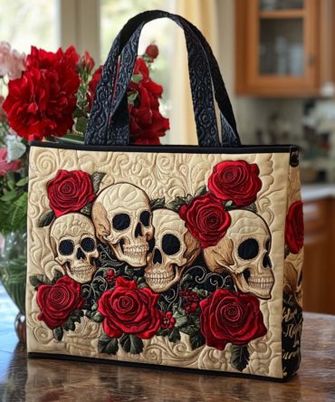 Floral Skull Quilted Tote Bag
