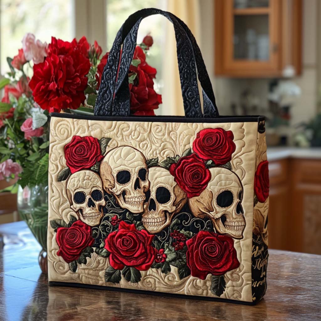 Floral Skull Quilted Tote Bag