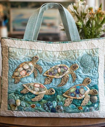 Gentle Turtle Waves Quilted Tote Bag