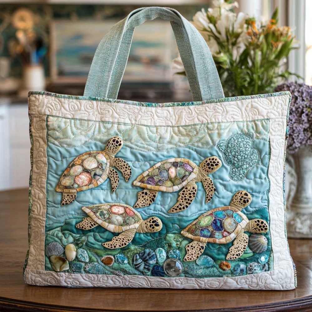 Gentle Turtle Waves Quilted Tote Bag
