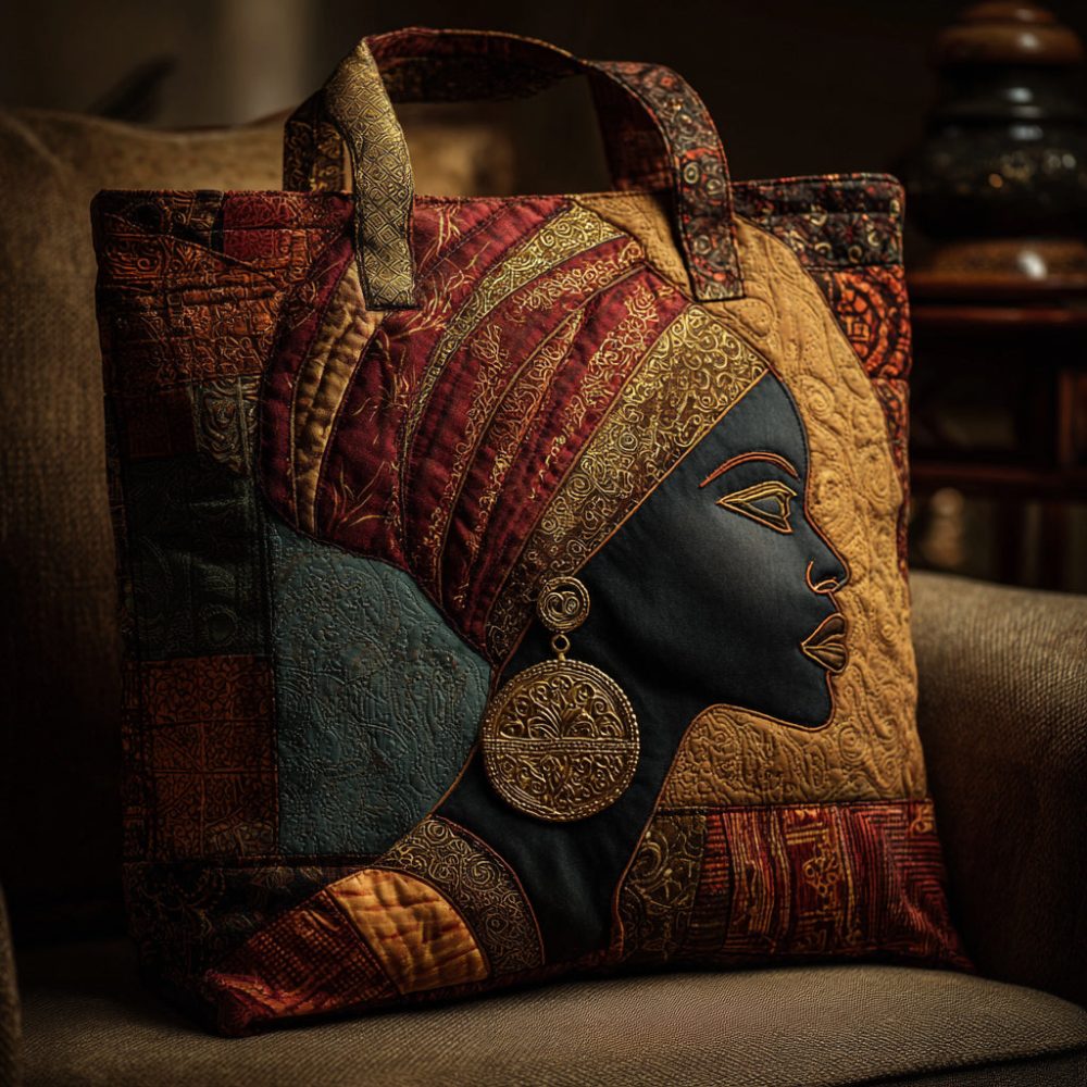 Golden Black Woman Quilted Tote Bag