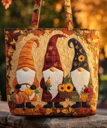 Golden Harvest Gnome Quilted Tote Bag