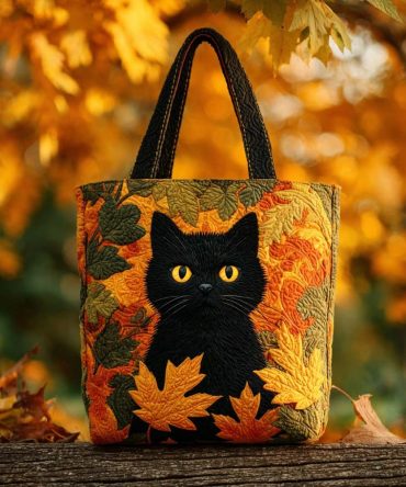 Golden Leaf Cat Quilted Tote Bag
