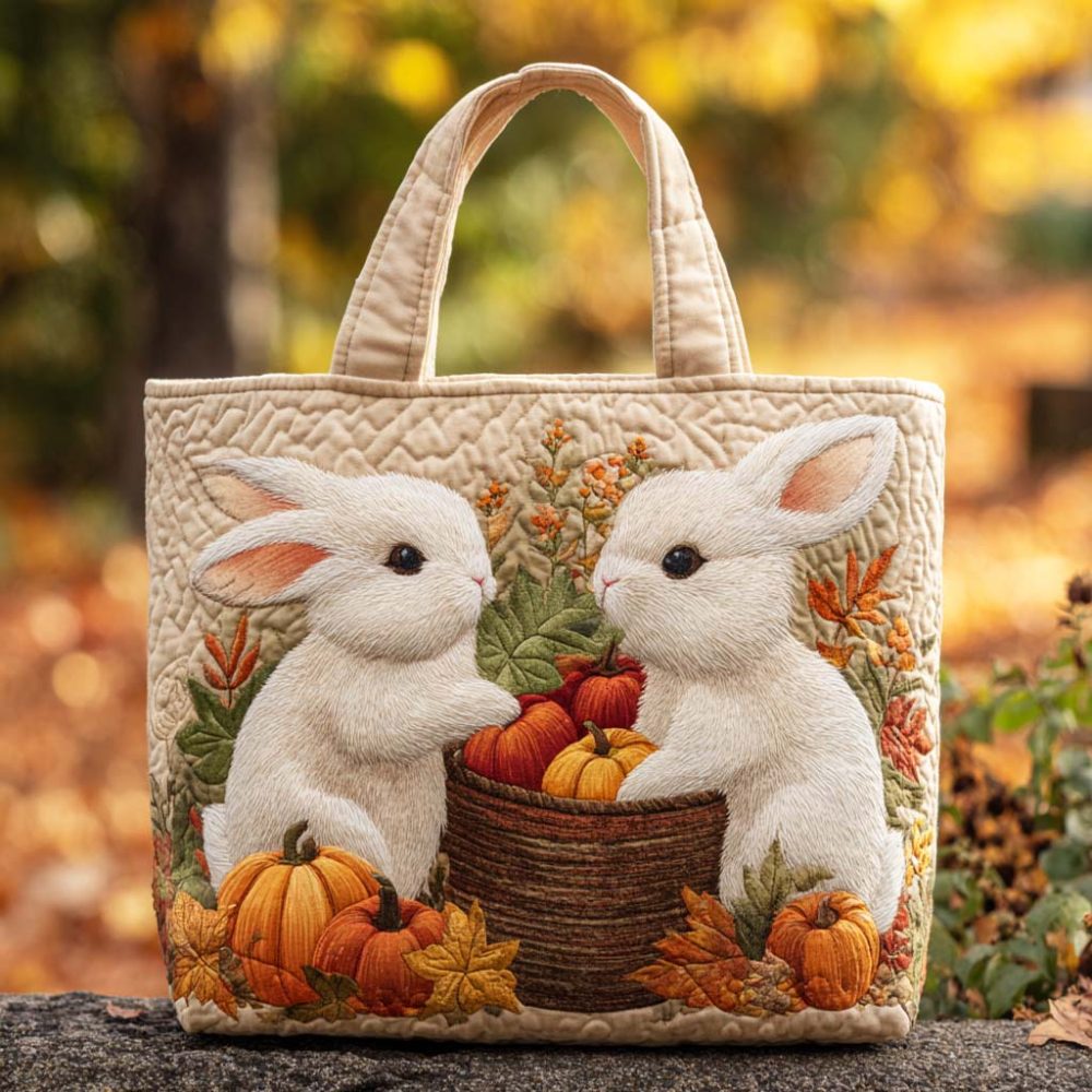 Golden Leaf Rabbit Quilted Tote Bag