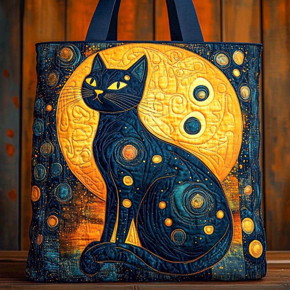 Golden Moon Cat Quilted Tote Bag