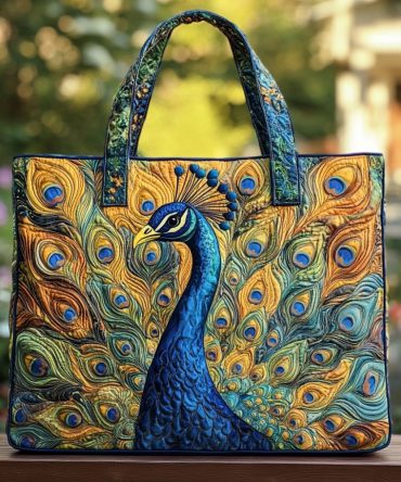 Golden Peacock Quilted Tote Bag