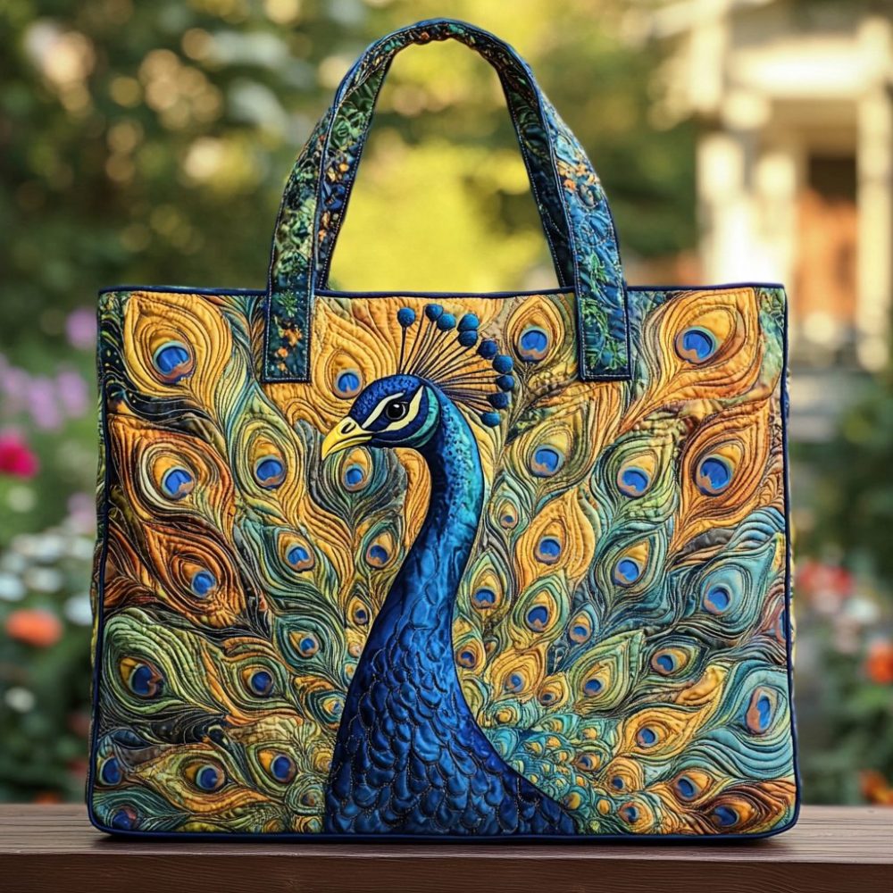 Golden Peacock Quilted Tote Bag
