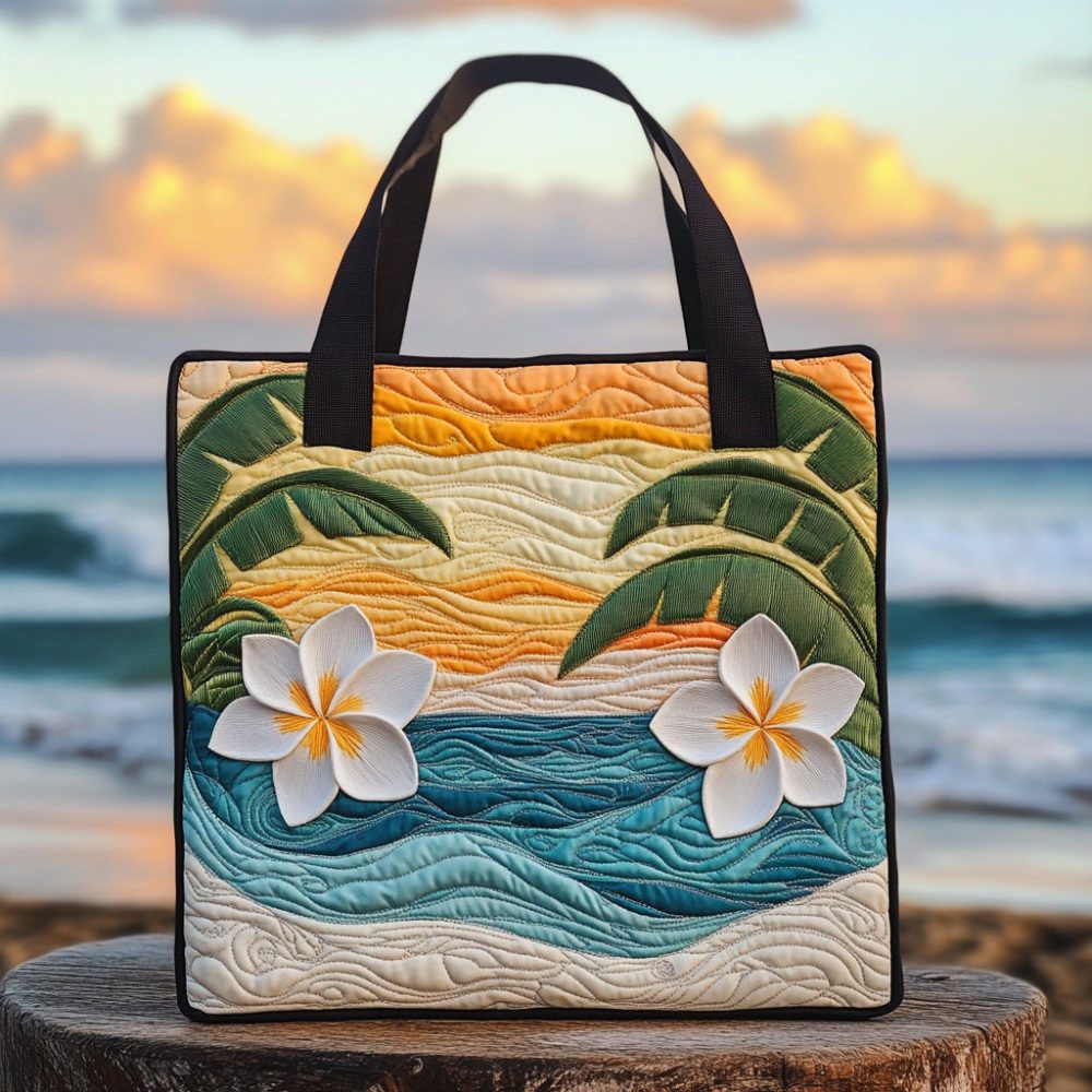 Golden Plumeria Quilted Tote Bag