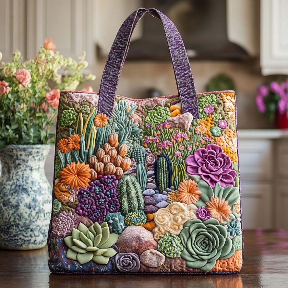 Green Cactus Charm Quilted Tote Bag