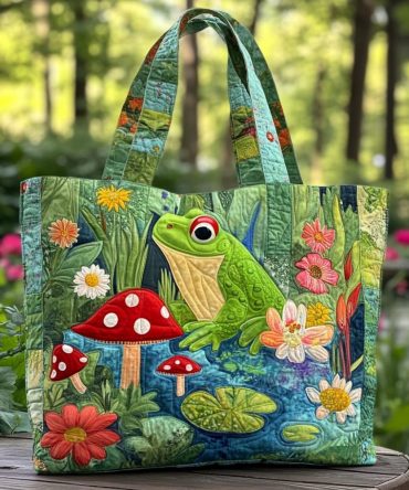 Green Frog Quilted Tote Bag