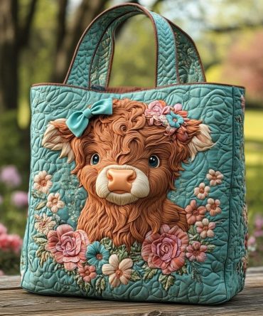 Highland Cow Bloom Quilted Tote Bag