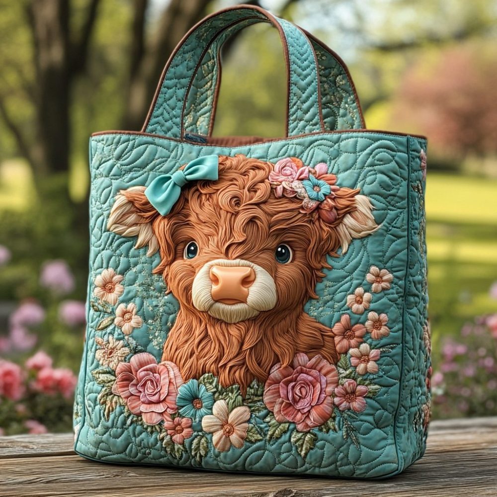 Highland Cow Bloom Quilted Tote Bag