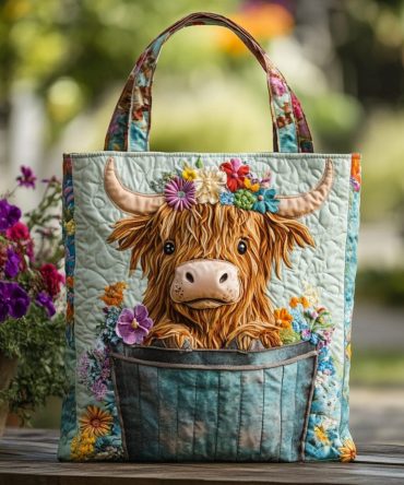 Highland Cow Charm Quilted Tote Bag